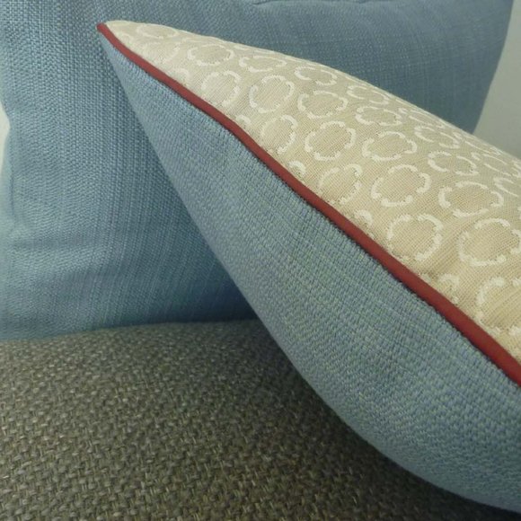 Off-white Circles, Red Leather Piping & Blue Pillow Cover 12" x 22" - Picture 2 of 2